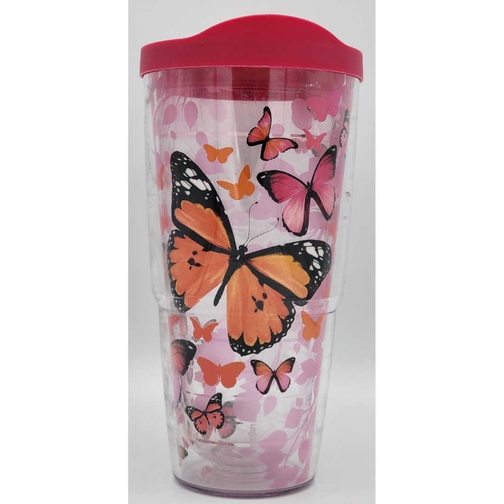 Tervis Tumbler Butterfly Pink 24Oz Double Wall Insulated Travel Cup Lid USA Made